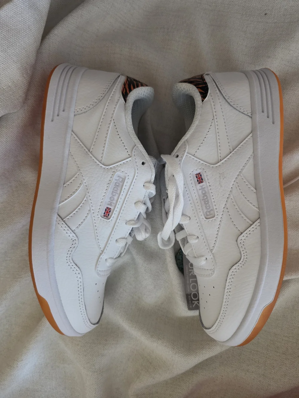 Reebok White Leather Sneakers with Gum Sole Wmns Club MEMT 'White Tiger Stripes